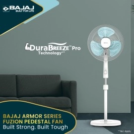 Bajaj Armor Series Fuzion 400mm Pedestal Fan for Home Dura Breeze Pro Technology 3 Years Comprehensive Warranty Surge Protection 100% Copper Motor High Air Delivery - White BlueTint
