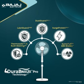 Bajaj Armor Series Fuzion 400mm Pedestal Fan for Home Dura Breeze Pro Technology 3 Years Comprehensive Warranty Surge Protection 100% Copper Motor High Air Delivery - White BlueTint