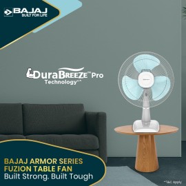 Bajaj Armor Series Fuzion 400mm Table Fan for Home DuraBreeze Pro Technology 3 Years Comprehensive Warranty Surge Protection 100% Copper Motor High Air Delivery - White BlueTint