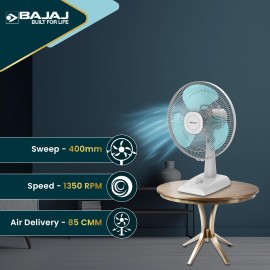 Bajaj Armor Series Fuzion 400mm Table Fan for Home DuraBreeze Pro Technology 3 Years Comprehensive Warranty Surge Protection 100% Copper Motor High Air Delivery - White BlueTint
