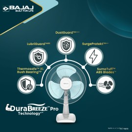 Bajaj Armor Series Fuzion 400mm Table Fan for Home DuraBreeze Pro Technology 3 Years Comprehensive Warranty Surge Protection 100% Copper Motor High Air Delivery - White BlueTint