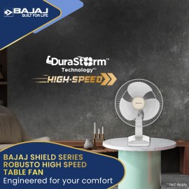 Bajaj Shield Series Robusto High Speed 400mm Table Fan for Home DuraStorm Technology 3 Years Comprehensive Warranty Surge Protection 100% Copper Motor High Air Delivery Beige & White