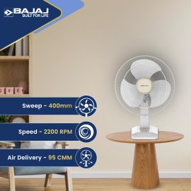 Bajaj Shield Series Robusto High Speed 400mm Table Fan for Home DuraStorm Technology 3 Years Comprehensive Warranty Surge Protection 100% Copper Motor High Air Delivery Beige & White