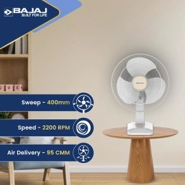 Bajaj Shield Series Robusto High Speed 400mm Table Fan for Home DuraStorm Technology 3 Years Comprehensive Warranty Surge Protection 100% Copper Motor High Air Delivery Beige & White