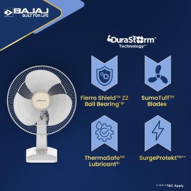 Bajaj Shield Series Robusto High Speed 400mm Table Fan for Home DuraStorm Technology 3 Years Comprehensive Warranty Surge Protection 100% Copper Motor High Air Delivery Beige & White
