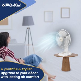 Bajaj Shield Series Robusto High Speed 400mm Table Fan for Home DuraStorm Technology 3 Years Comprehensive Warranty Surge Protection 100% Copper Motor High Air Delivery Beige & White