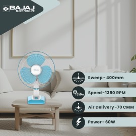 Bajaj Robusto 400mm Oscillating Table Fan for Home DuraBreezeTM Technology 3Years Comprehensive Warranty Surge Protection 100% Copper Motor High Air Delivery |Modern Decor Icy Blue & White