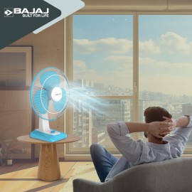 Bajaj Robusto 400mm Oscillating Table Fan for Home DuraBreezeTM Technology 3Years Comprehensive Warranty Surge Protection 100% Copper Motor High Air Delivery |Modern Decor Icy Blue & White