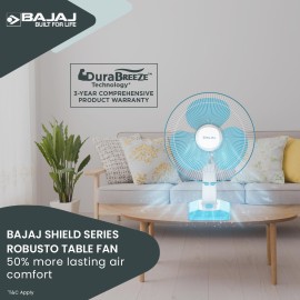 Bajaj Robusto 400mm Oscillating Table Fan for Home DuraBreezeTM Technology 3Years Comprehensive Warranty Surge Protection 100% Copper Motor High Air Delivery |Modern Decor Icy Blue & White