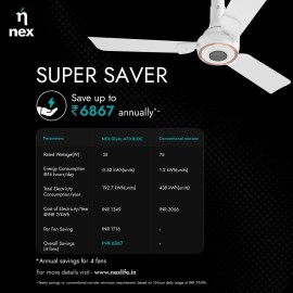 NNEX Glyde A70 BLDC 1200 mm BEE 2 Star Rated Premium Ceiling Fan 20% Higher Air Thrust 2-Yr Warranty, Cotton White