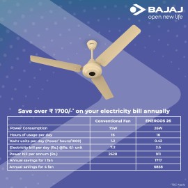 Bajaj Energos 26 5 Star 1200 mm BLDC Motor with Remote 3 Blade Ceiling Fan(Base Ivory, Pack of 1)	