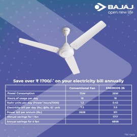 Bajaj Energos 26 5 Star 1200 mm BLDC Motor with Remote 3 Blade Ceiling Fan(Glossy White, Pack of 1)