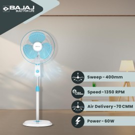 Bajaj Robusto 400mm Oscillating Pedestal Fan 3Years Comprehensive Warranty Icy Blue&White