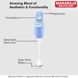 Maharaja Whiteline 175 Watt Hand Blender, Stainless Steel Blades, Long Lasting Performance With 175W Motor, (Blue And White)