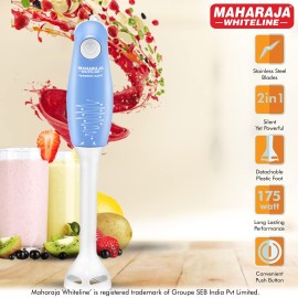 Maharaja Whiteline 175 Watt Hand Blender, Stainless Steel Blades, Long Lasting Performance With 175W Motor, (Blue And White)