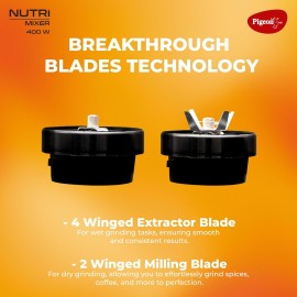 Pigeon Nutri Mixer Grinder Juicer Blender Smoothie Maker All-in-1 Machine 400 Watt 3 Jars- Multiuse Jar 500ml, Dry Grind 300ml, 1 Sipper, 1 Cap, 1 Strainer 2 Blades 1Year Warranty