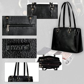 Hyatt Leather Accessories Full-Grain Natural Leather Top-Handle satchel Shoulder tote Bags For Women (Black)