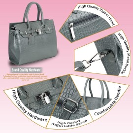 Hyatt Leather Accessories Full-Grain Natural Cro Leather Top-Handle satchel Tote Handbags & Shoulder Sling Bags For Women Office Branded Stylish (Light Grey)