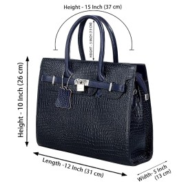 Hyatt Leather Accessories Full-Grain Natural Cro Leather Top-Handle satchel Tote Handbags & Shoulder Sling Bags For Women Office Branded Stylish (Navy Blue)