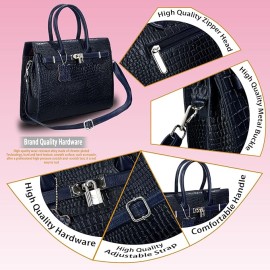 Hyatt Leather Accessories Full-Grain Natural Cro Leather Top-Handle satchel Tote Handbags & Shoulder Sling Bags For Women Office Branded Stylish (Navy Blue)