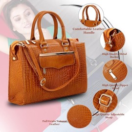 Hyatt Leather Accessories Full-Grain Cro Leather Top-Handle satchels Tote Handbags & Shoulder Sling Bags For Women Office (Mango Tan)