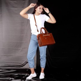 Hyatt Leather Accessories Full-Grain Cro Leather Top-Handle satchels Tote Handbags & Shoulder Sling Bags For Women Office (Tan)