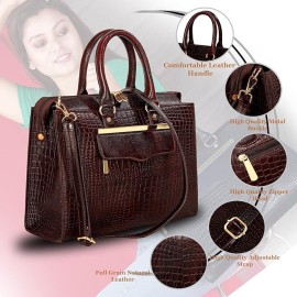Hyatt Leather Accessories Full-Grain Cro Leather Top-Handle satchels Tote Handbags & Shoulder Sling Bags For Women Office (Brown)