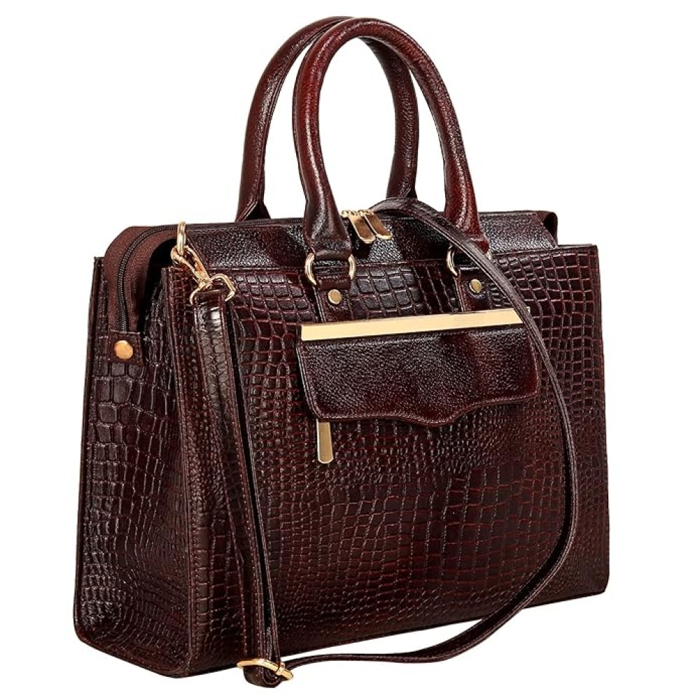 Hyatt Leather Accessories Full-Grain Cro Leather Top-Handle satchels Tote Handbags & Shoulder Sling Bags For Women Office (Brown)