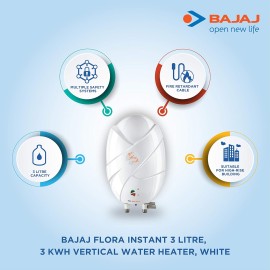 Bajaj Flora Instant 3 Litre Vertical Water Heater, 3KW, White wall mounting