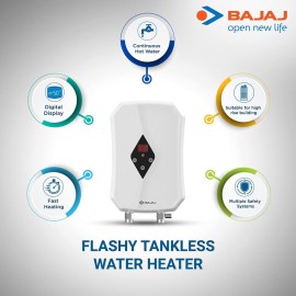 Bajaj 5.5Kw Tankless Instant Water Geyser Slim Digital Temperature Geyser, White Perfect Solution For Kitchen Hot Water Need Continuous Hot Water 2 Years Warranty