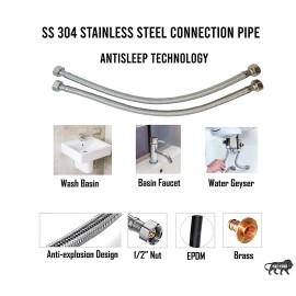 Bajaj Grade Braided Stainless Steel Connection Pipe Hose Pipe for Wash Basin, kitchen Sink, Geyser18 Inch (2 Pieces Set, Pack of 1 Pair)