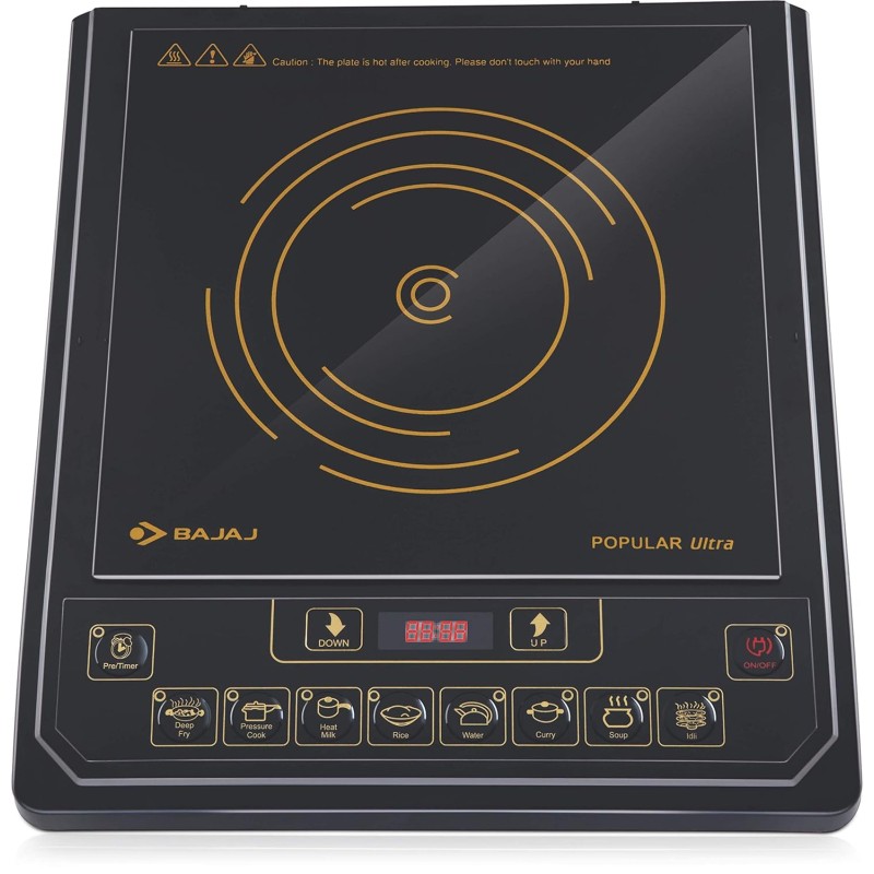 Bajaj Popular Ultra 1400W Induction Cooktop with Pan Sensor and Voltage Pro Technology, Black, Radiant Bajaj Popular Ultra 1400W Induction Cooktop with Pan Sensor and Voltage Pro Technology, Black, Radiant