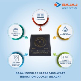 Bajaj Popular Ultra 1400W Induction Cooktop with Pan Sensor and Voltage Pro Technology, Black, Radiant