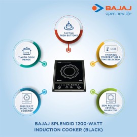 Bajaj Splendid 1200W Induction Glass Ceramic Cooktop with Pan Sensor and Voltage Pro Technology, Black