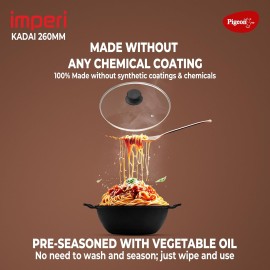 Pigeon Cast Iron Kadai with Glass Lid Medium, 26 cm Naturally Nonstick