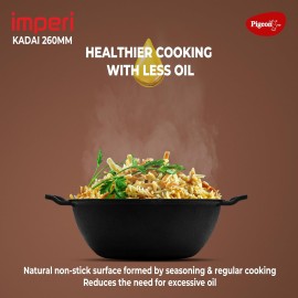 Pigeon Cast Iron Kadai with Glass Lid Medium, 26 cm Naturally Nonstick