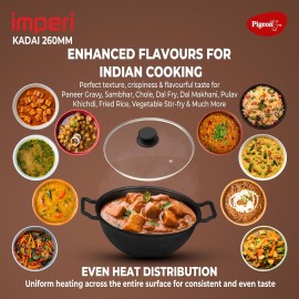 Pigeon Cast Iron Kadai with Glass Lid Medium, 26 cm Naturally Nonstick