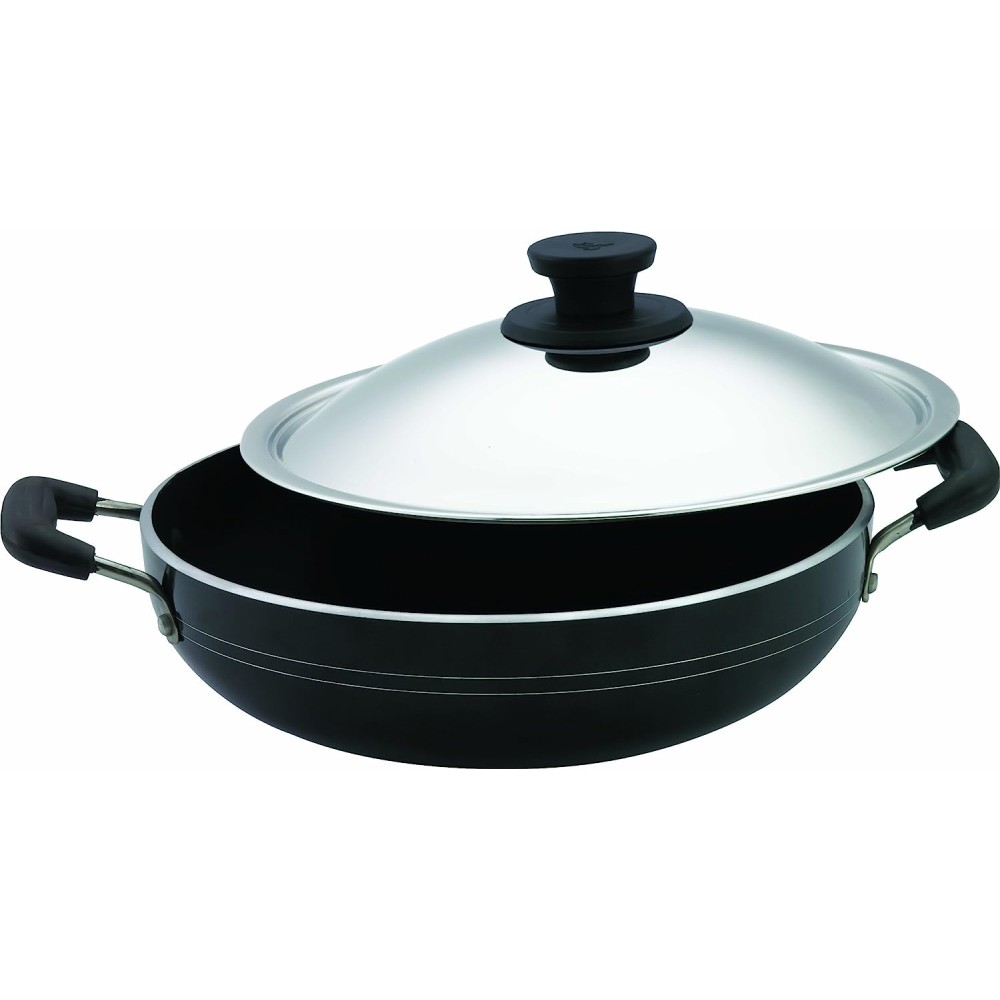 Pigeon Non-Stick Aluminium Kadai, 150 with SS Lid, Black