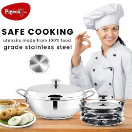 Pigeon Steelo Multipurpose Stainless Steel Kadai 5L, 280mm with Stainless Base