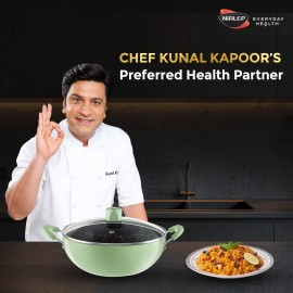 Nirlep NutriHealth Pro Induction Deep Kadai 24 with Glass Lid 3L Patented Silver Ion Coating Metal-Spoon Friendly Soft Touch Handle Multi-Purpose Deep Kadhai 18 month Guarantee