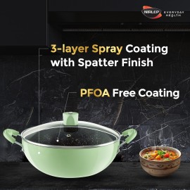 Nirlep NutriHealth Pro Induction Deep Kadai 24 with Glass Lid 3L Patented Silver Ion Coating Metal-Spoon Friendly Soft Touch Handle Multi-Purpose Deep Kadhai 18 month Guarantee