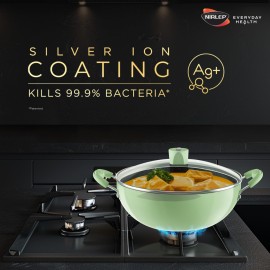 Nirlep NutriHealth Pro Induction Deep Kadai 24 with Glass Lid 3L Patented Silver Ion Coating Metal-Spoon Friendly Soft Touch Handle Multi-Purpose Deep Kadhai 18 month Guarantee