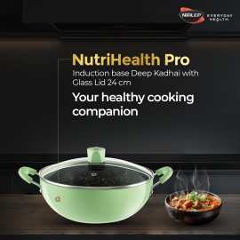Nirlep NutriHealth Pro Induction Deep Kadai 24 with Glass Lid 3L Patented Silver Ion Coating Metal-Spoon Friendly Soft Touch Handle Multi-Purpose Deep Kadhai 18 month Guarantee
