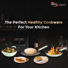 Nirlep NutriHealth Pro Induction Deep Kadai 24 with Glass Lid 3L Patented Silver Ion Coating Metal-Spoon Friendly Soft Touch Handle Multi-Purpose Deep Kadhai 18 month Guarantee