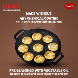 Pigeon Cast Iron Paniyarakkal 9 Rounds Naturally Nonstick Pre-Seasoned with 100% Vegetable Oil Toxin-Free High Pressure Casting Bring Back Nostalgic Taste