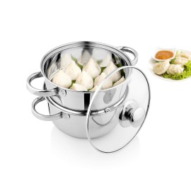 Pigeon Steel X Steamer Stainless Steel Induction Base, Modak Maker/Momo Maker, dual compartment with Glass Lid, 2.6L capacity, Silver