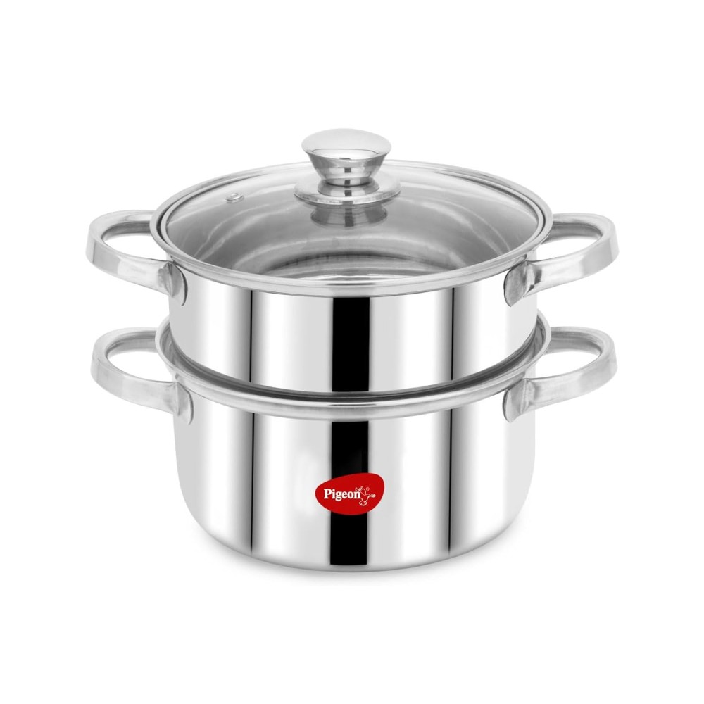 Pigeon Steel X Steamer Stainless Steel Induction Base, Modak Maker/Momo Maker, dual compartment with Glass Lid, 2.6L capacity, Silver