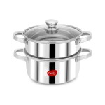 Pigeon Steel X Steamer Stainless Steel Induction Base, Modak Maker/Momo Maker, dual compartment with Glass Lid, 2.6L capacity, Silver