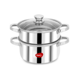 Pigeon Steel X Steamer Stainless Steel Induction Base, Modak Maker/Momo Maker, dual compartment with Glass Lid, 2.6L capacity, Silver