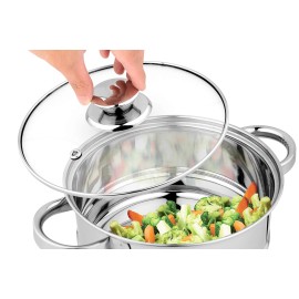 Pigeon Steel X Steamer Stainless Steel Induction Base, Modak Maker/Momo Maker, dual compartment with Glass Lid, 2.6L capacity, Silver